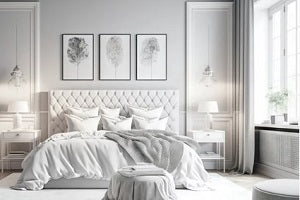 white textured bedroom with paintings