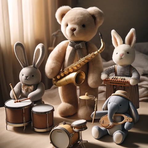 A lively group of stuffed animals joyfully playing musical instruments together