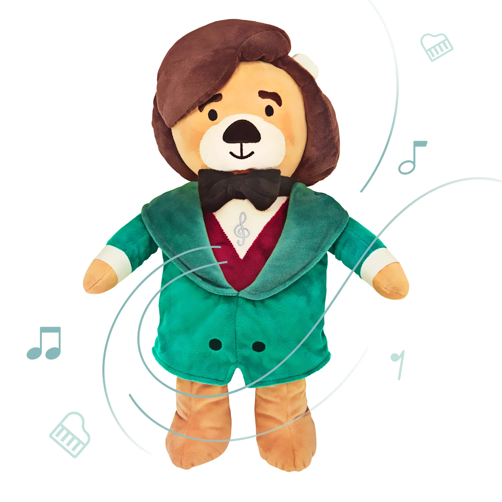 A stuffed bear in a green suit and bow tie, perfect for Music With Toys, Gifts, Baby’s First