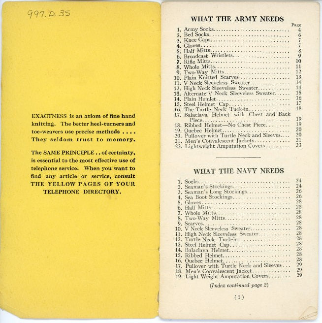 A book capture of CRC knit instructions about what the navy and army needs