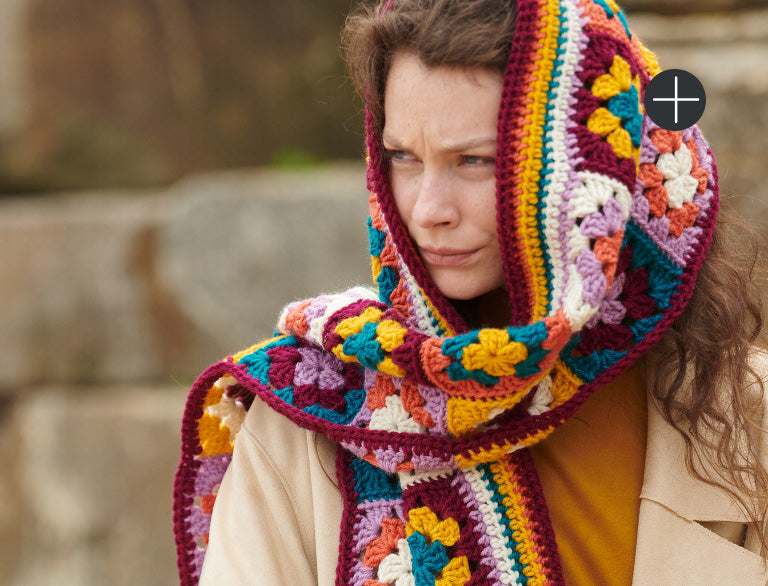 image of Red Heart Granny Squares & Stripes Crochet Scarf  Pattern