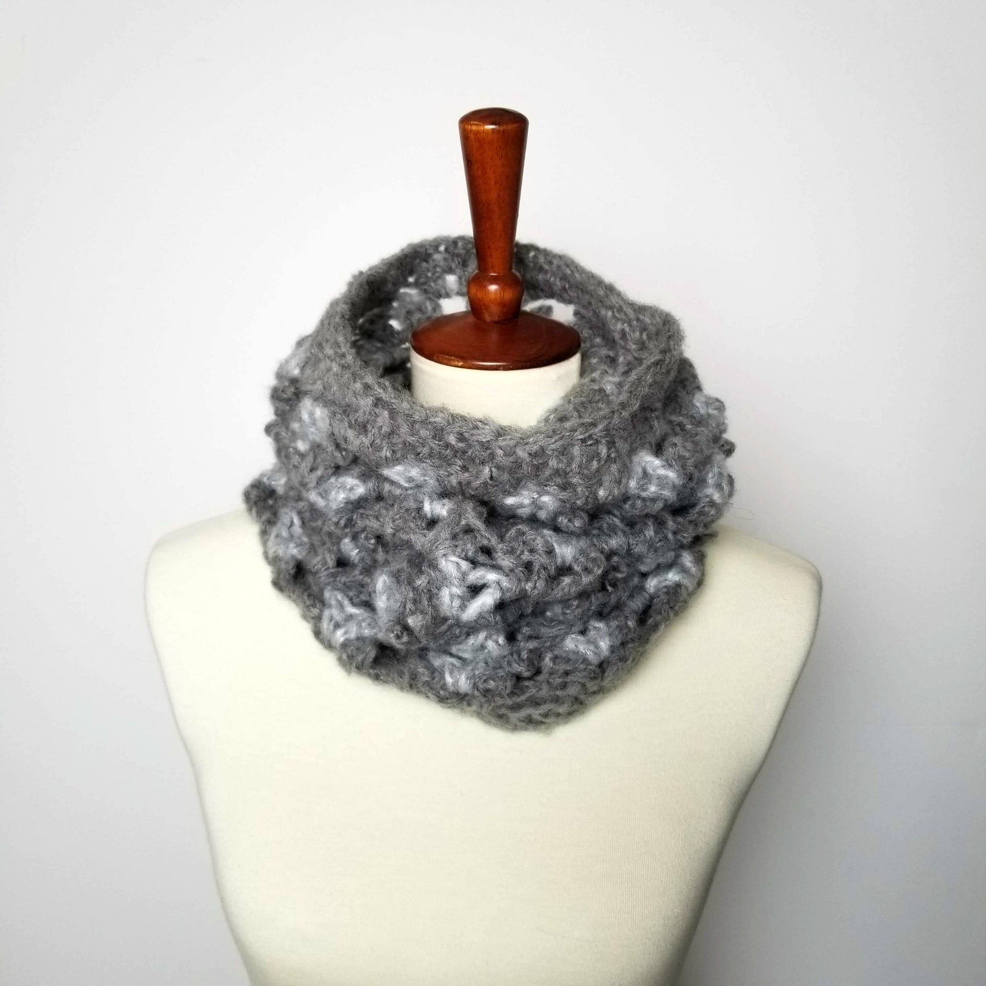 Patons Norse Modern Picots Cowl in color gray and black on mannequin