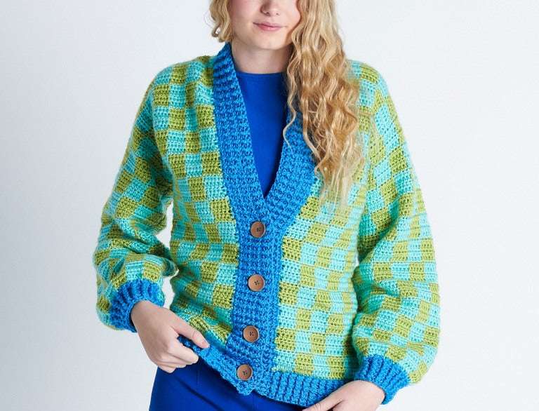 image of Caron Checkered Crochet Cardigan Pattern