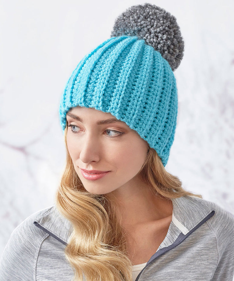 Easy-Fit Ribbed Pompom Hat Free Crochet Pattern LW5832