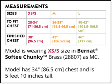 Size chart from a pattern example