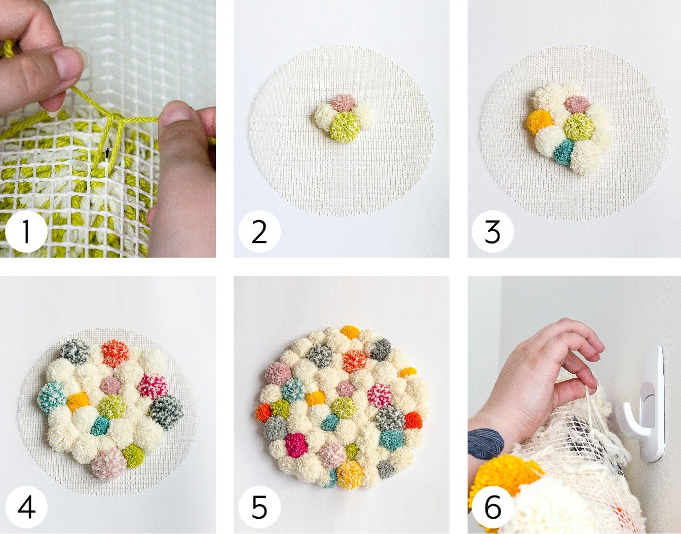 Finishing your Pompom Wall Hanging Steps 1 - 6 Images