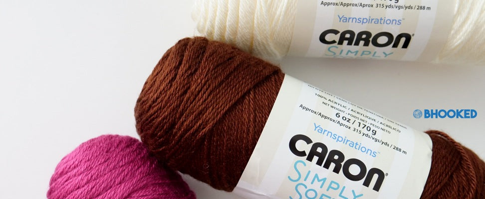 Caron Simply Soft yarn in Fuschia, Chocolate and Off White