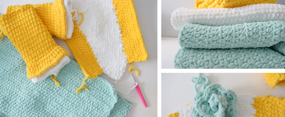 Work in progress shot of the Dreamy Princess Crochet Snuggle Sack pattern in Bernat Baby Blanket yarn