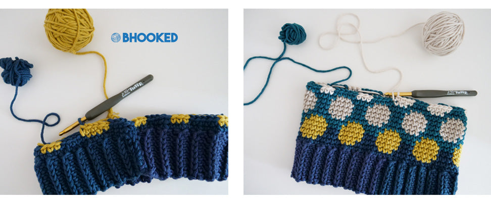Work in Progress of Caron x Pantone Polka Dotty Crochet Hat pattern