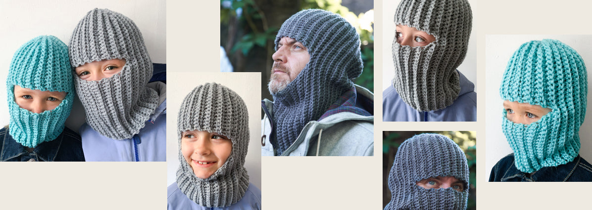 Kid and father wearing balaclava in color blue ang gray picture collage