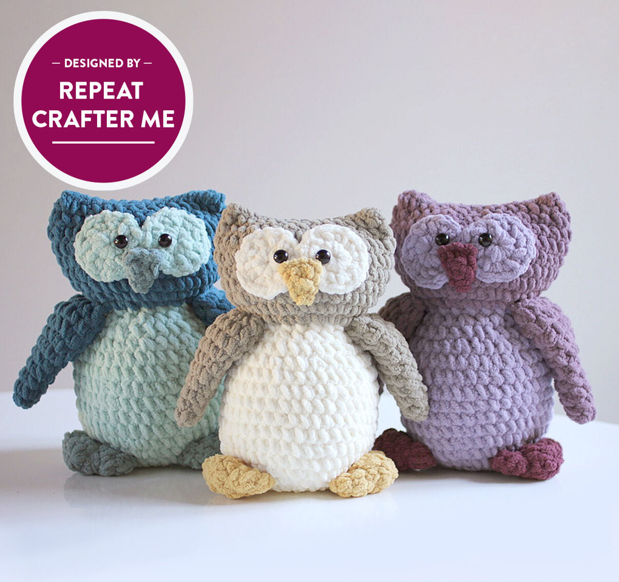 The Owl Toy Trio Banner, 3 different shades of owl