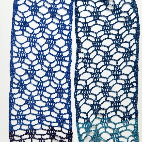 Red Heart One Skein Diamond Lace Scarf in dark blue, royal blue and sky blue contrast zoomed in photo