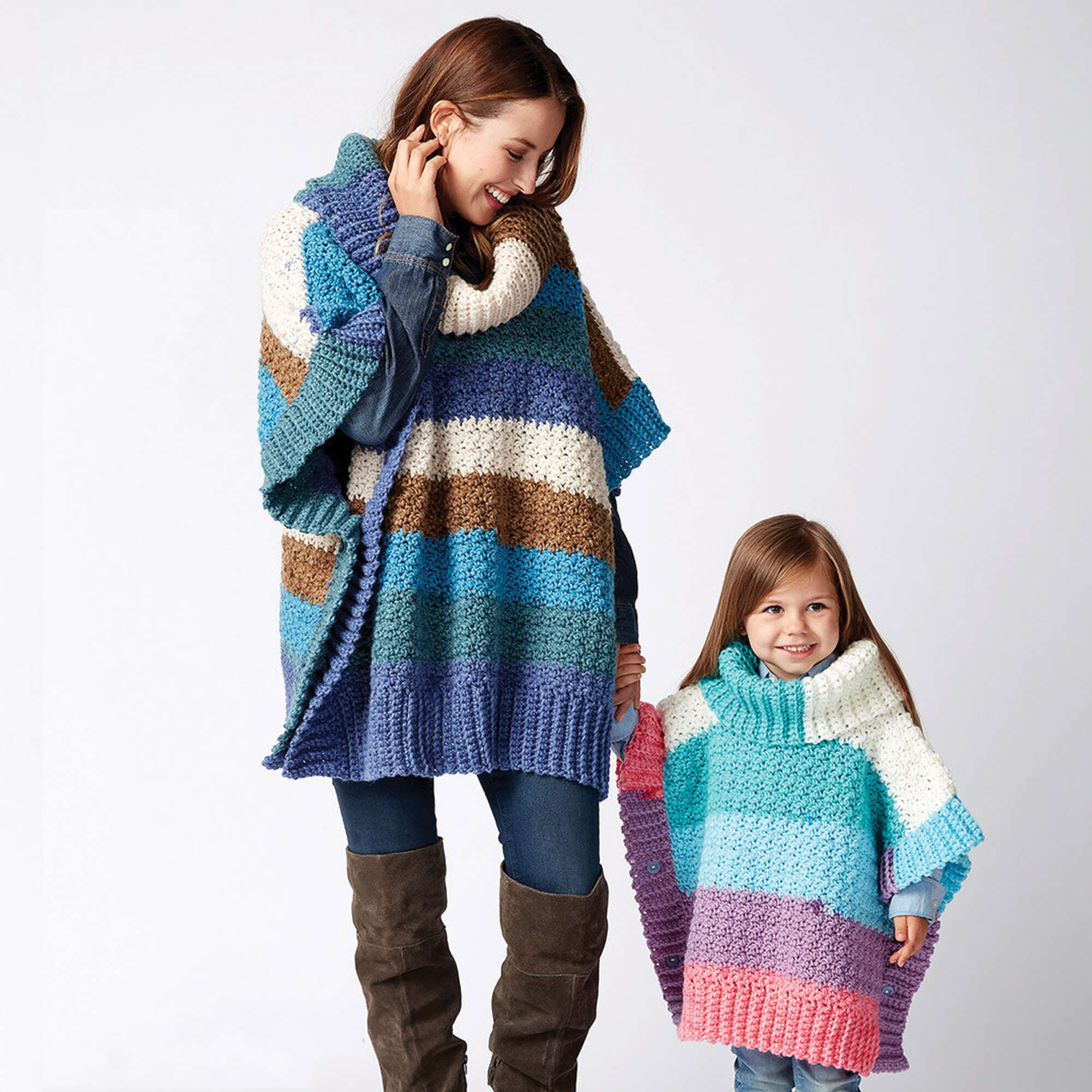 Free Pattern: Bernat Mom and Me Crochet Ponchos in Bernat Pop! yarn