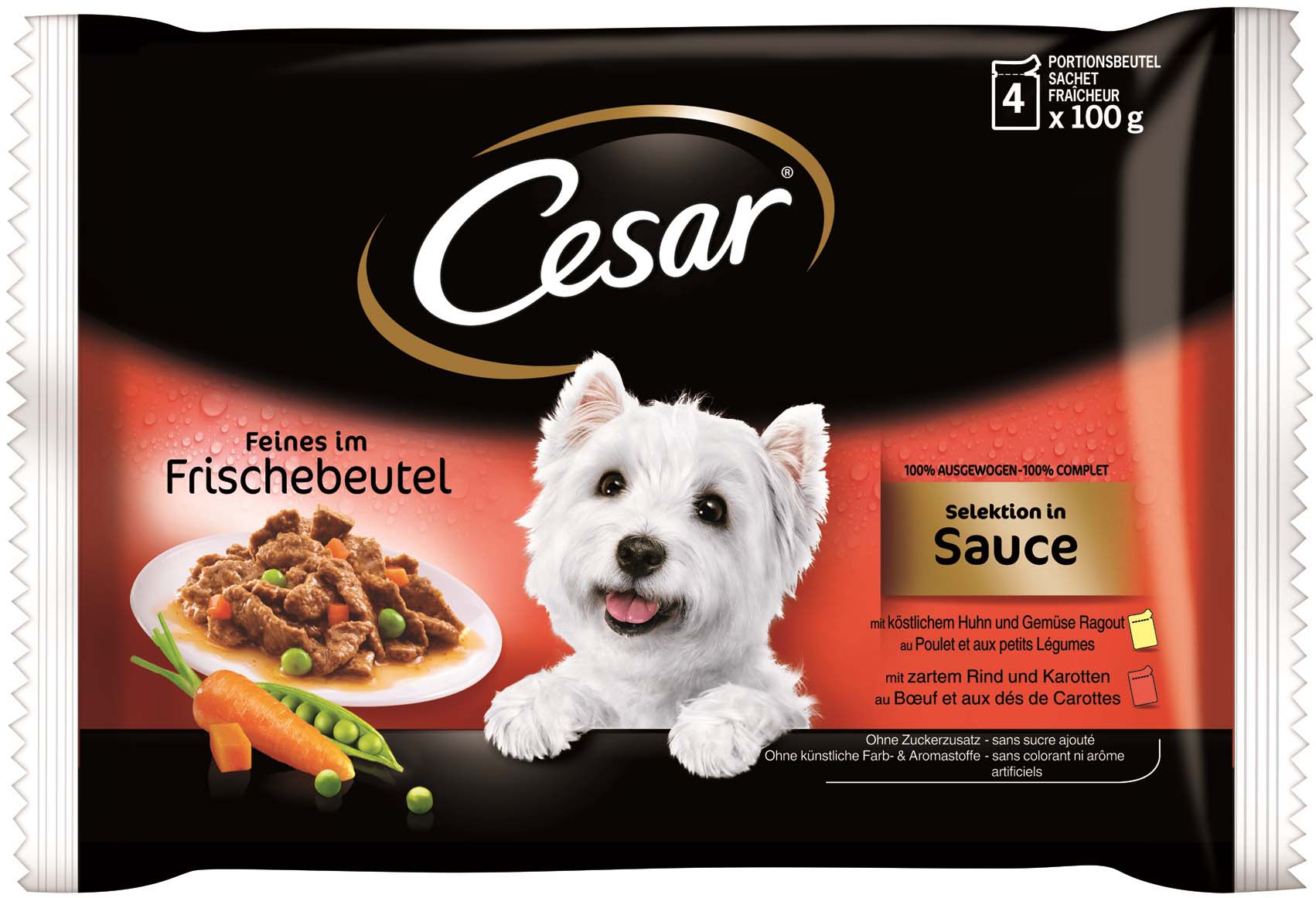 Cesar pachet plicuri pentru câini selecţii în sos, pui şi vită 4x100g
