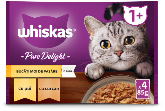 Whiskas pure delight mix plicuri pisici adulte, cu pui/curcan în aspic 4x85g