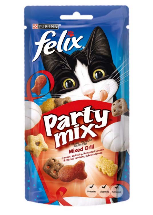 FELIX Party Mix Delicatese pentru pisici MIXED GRILL cu Pui, Vită şi Somon 60g