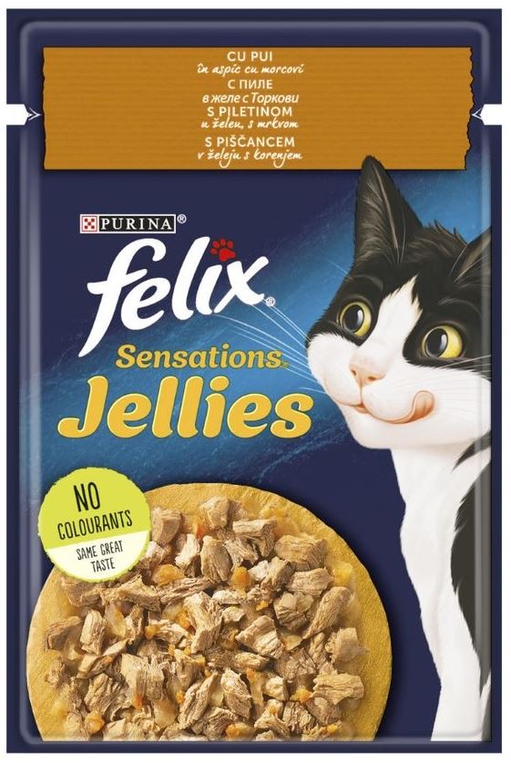 Felix sensations gelees plic pentru pisici, pui în aspic, cu morcovi, 85g