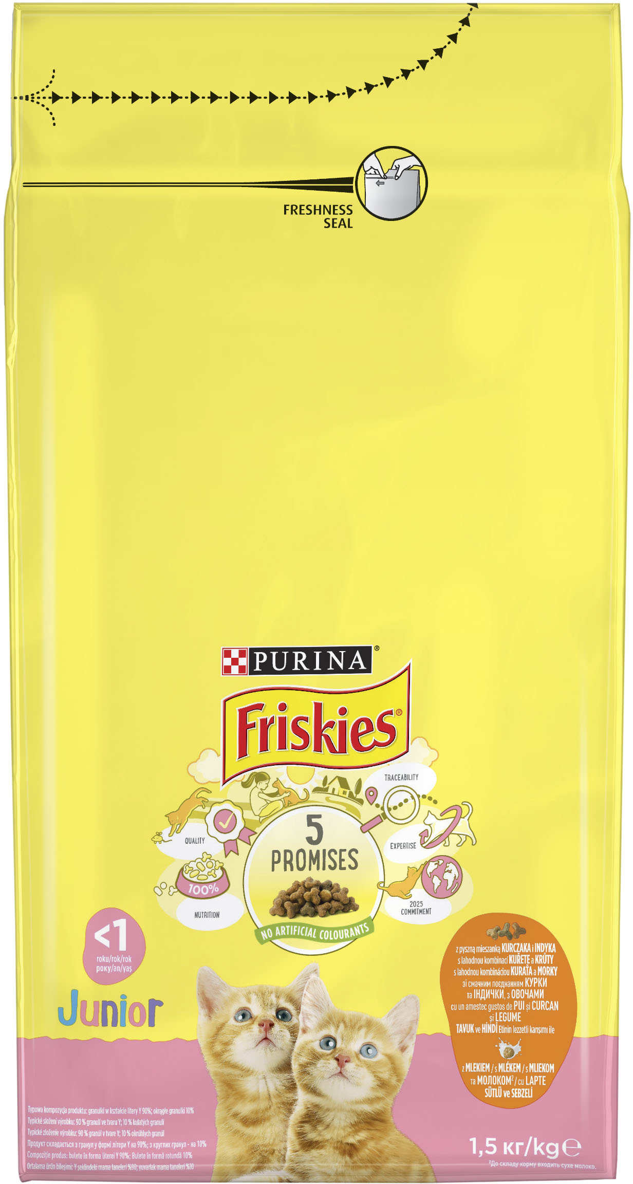 FRISKIES Hrană uscată JUNIOR Complete, cu Pui, Morcov şi bulete cu Lapte