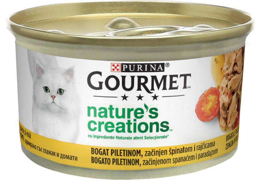GOURMET Nature\'s Creations Conservă pentru pisici, Pui, Roşii şi Spanac 85g