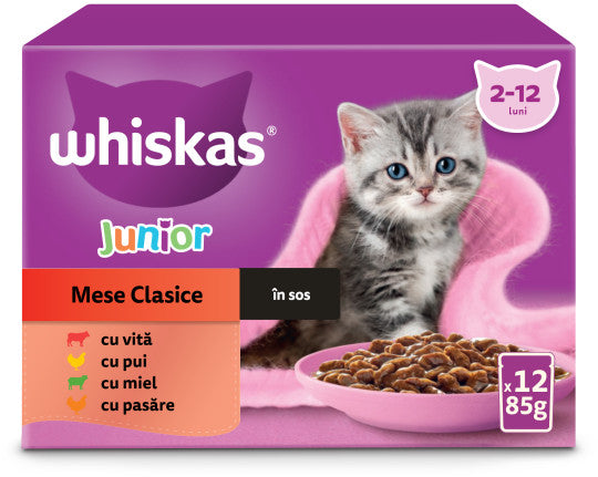 WHISKAS Classic JUNIOR Mix plicuri pisicuţe, Miel/Vită/Pui/Pasăre în sos