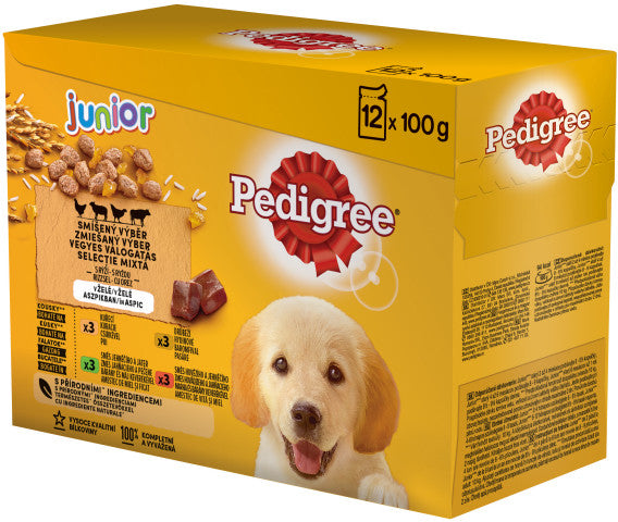 Pedigree pachet plicuri junior, cu pui, miel, vită şi pasăre 12x100g