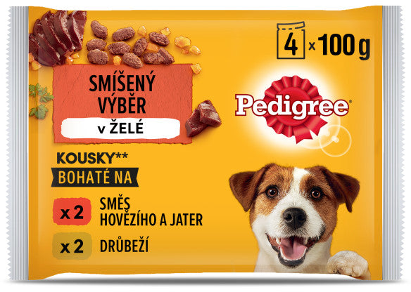 Pedigree pachet plicuri pentru câini adulţi, cu vită şi pasăre în aspic 4x100g