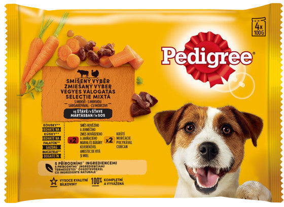 Pedigree pachet plicuri pt. câini adulţi, cu vită, miel, curcan, morcovi 4x100g
