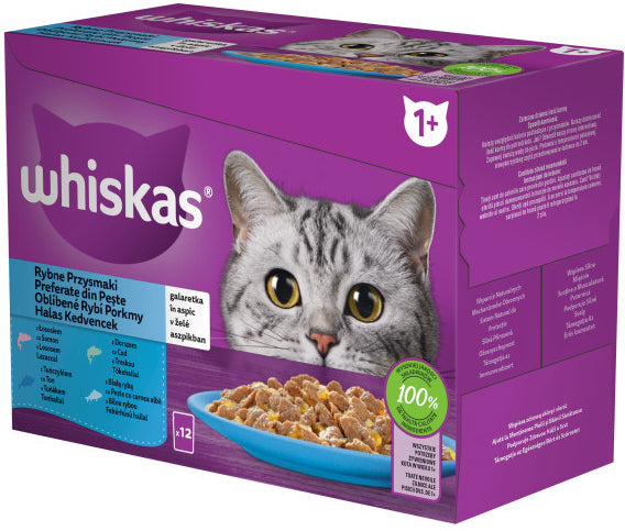 WHISKAS Mix plicuri pisici Adulte, cu Somon/Ton/Cod/Peşte Alb în aspic 12x85g