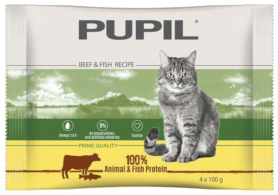 Pupil prime multipack, 2x cu vită şi ficat, 2x cu păstrăv şi somon 4x100g