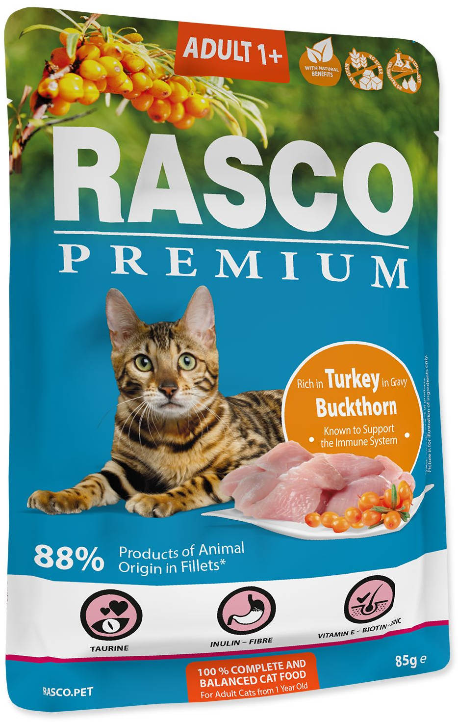 RASCO Premium Plic pentru pisici adulte, Curcan şi Cătină 85g