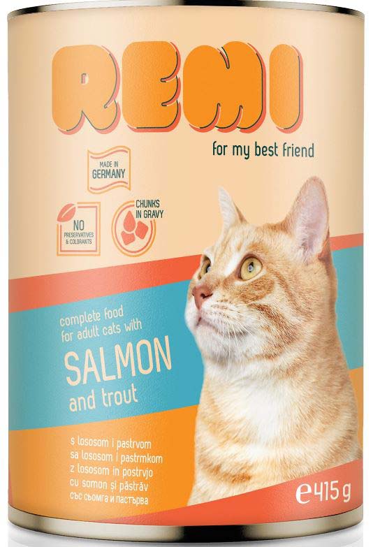 REMI Somon şi păstrăv, Hrană umedă pentru pisici, conservă 415g