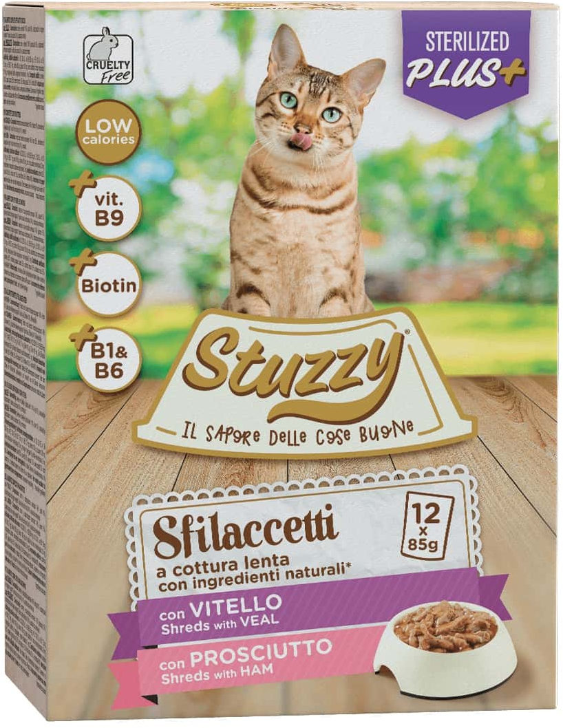 Stuzzy sfilacetti pachet plicuri pentru pisici sterilizate viţel/Şuncă 12x85g
