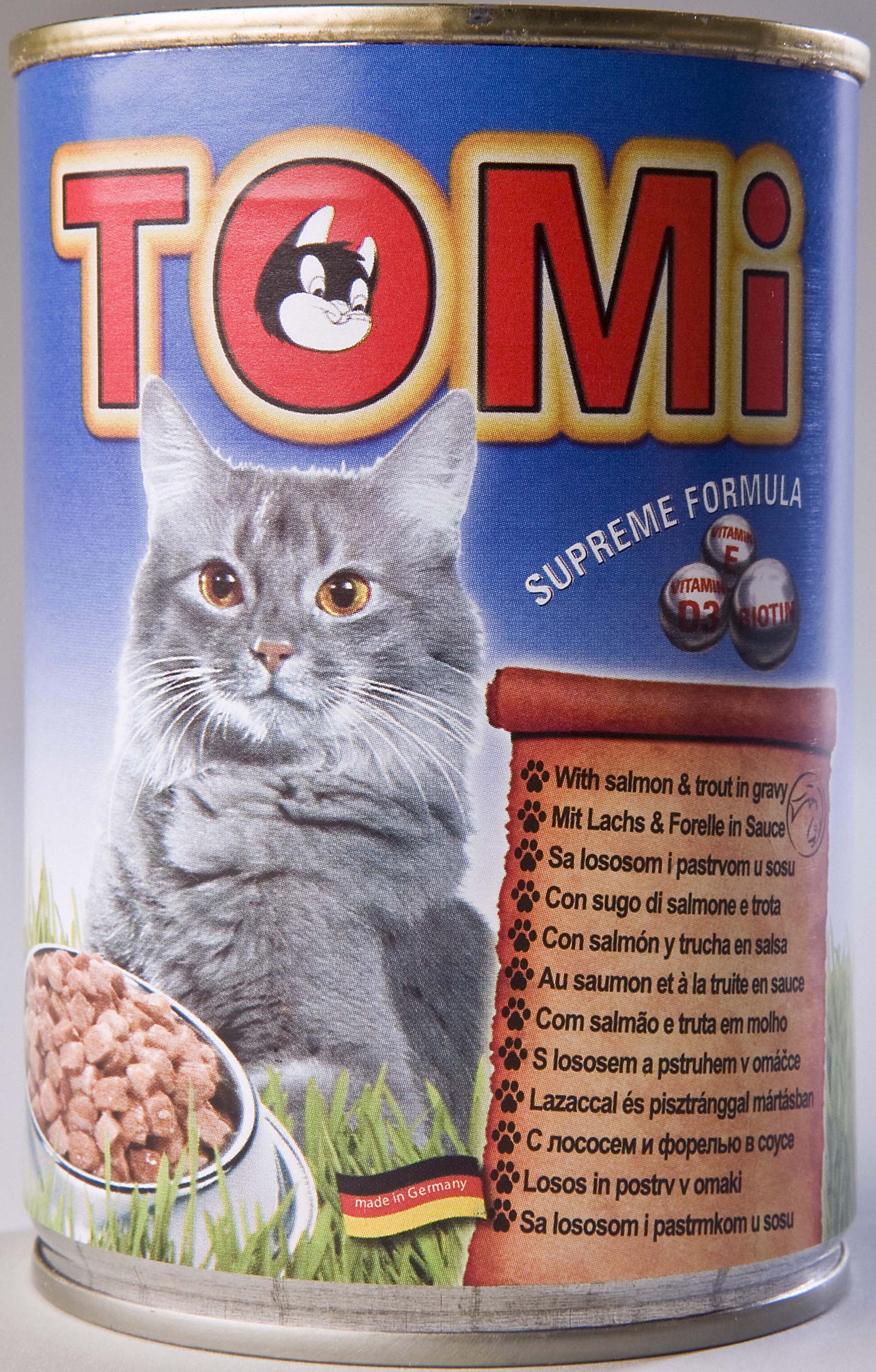 TOMI Conservă pentru pisici, cu Somon şi Păstrăv în sos 400g