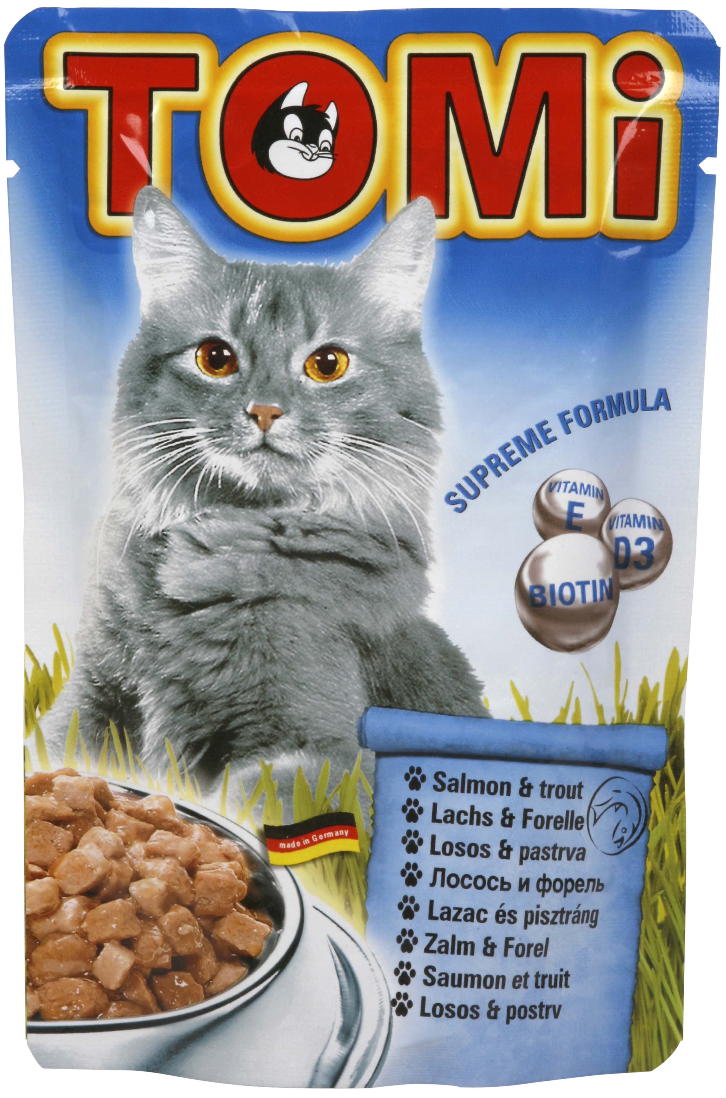 Tomi plic hrană umedă pentru pisici, cu somon şi păstrăv 100g