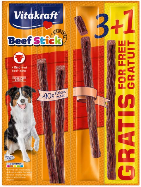 VITAKRAFT Delicatese pentru câini Beef Stick cu Vită 4 bucăţi, 48g, 3+1GRATIS