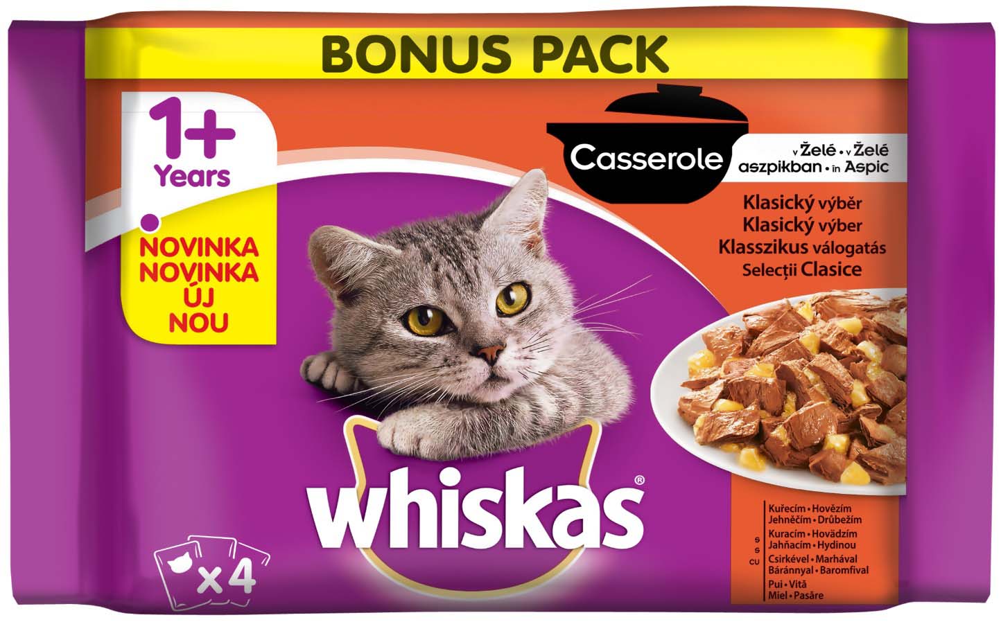Whiskas pachet plicuri casserole, cu pui, vită, miel, pasăre 4x85g