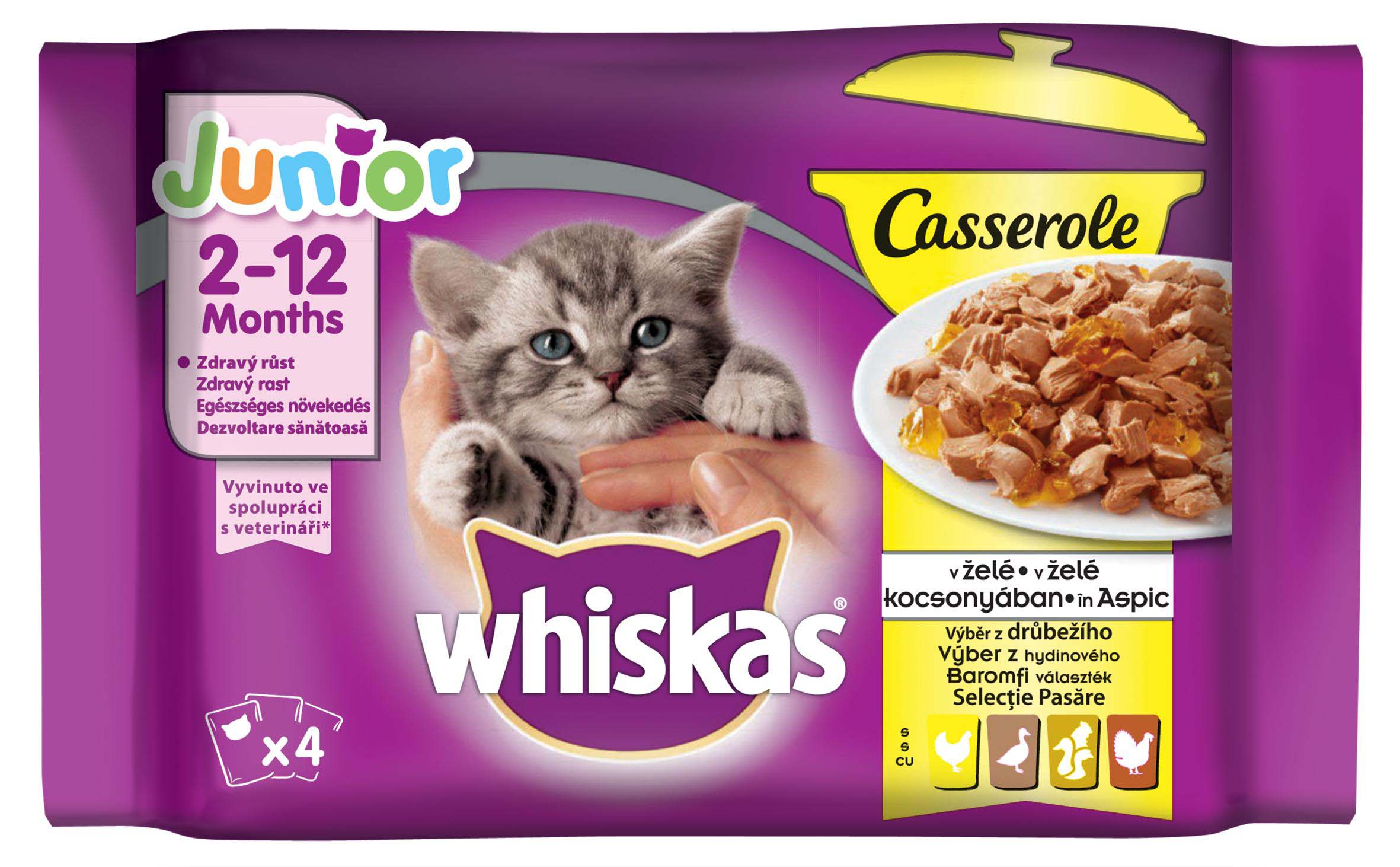 Whiskas pachet plicuri casserole junior cu pui, raţă, pasăre, curcan 4x85g