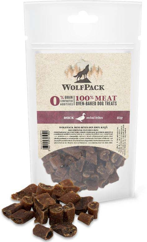 Wolfpack recompensă pentru câini, mini bites raţă 85g