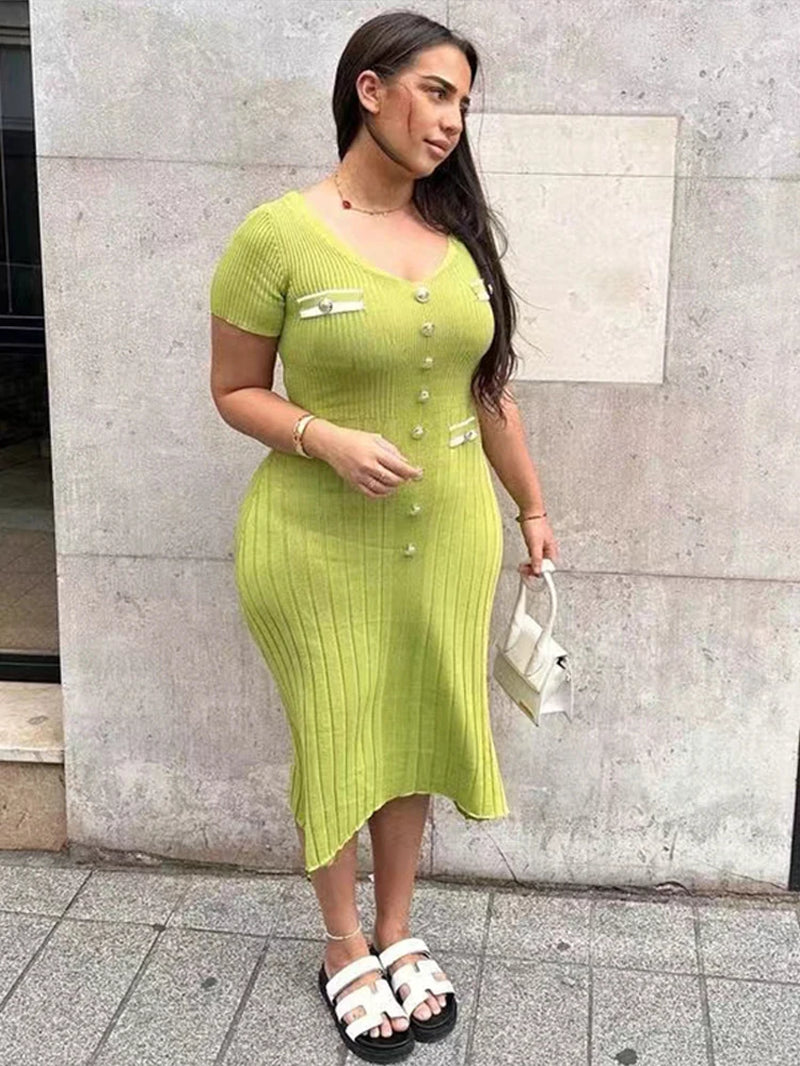 Elegant V-Neck Ribbed Knit Midi Dress for Women - Image 9