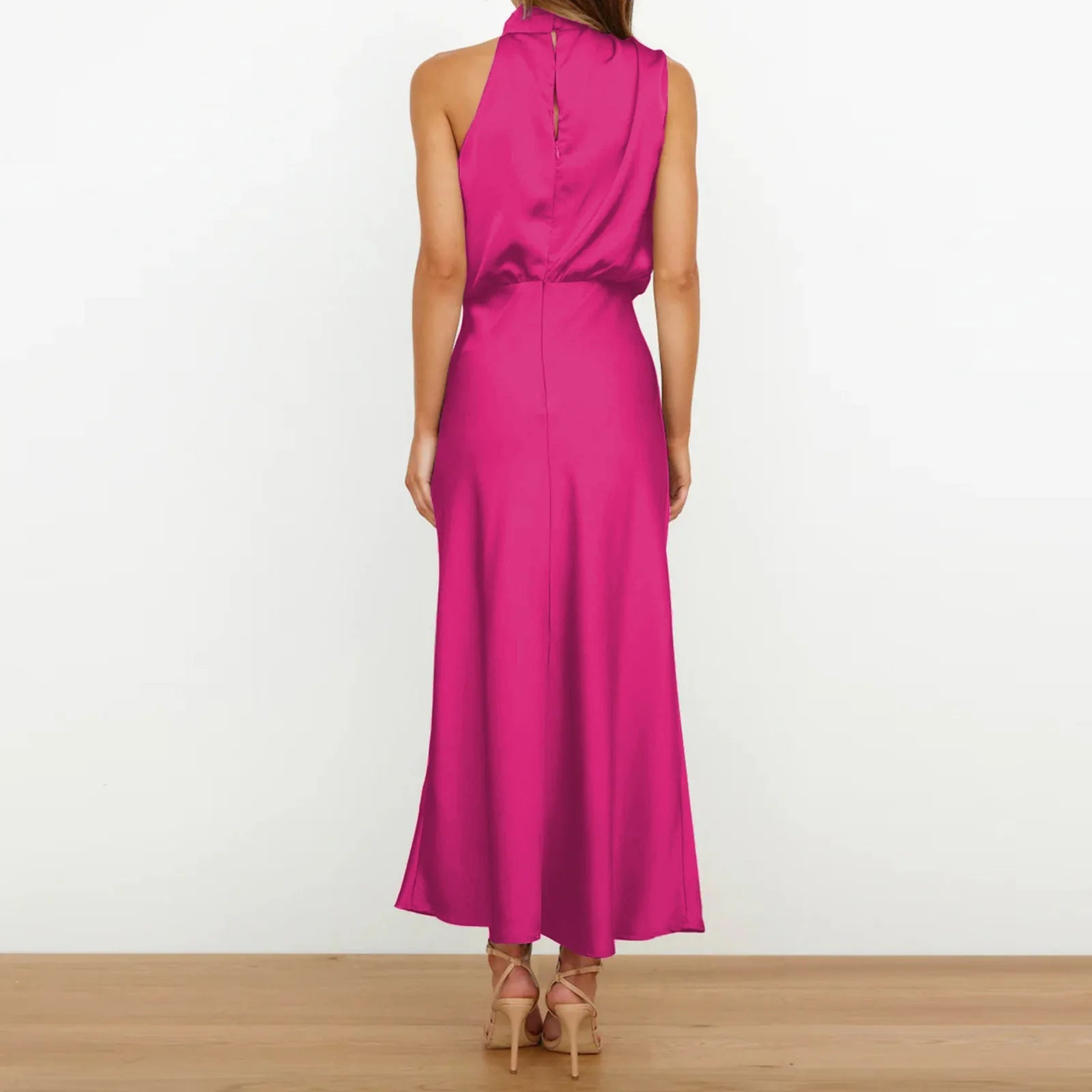 Elegant Sleeveless Satin Dress with Sophisticated High Neck - Image 4