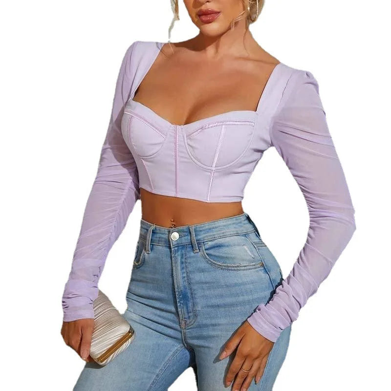 Multi-Color Mesh Long Sleeve Square Neck Top - Image 8