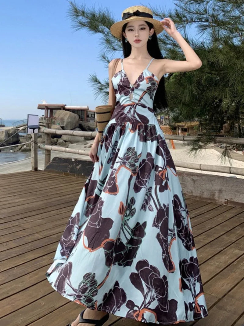 Elegant Blue Floral Spaghetti Strap Backless Summer Dress - Image 3