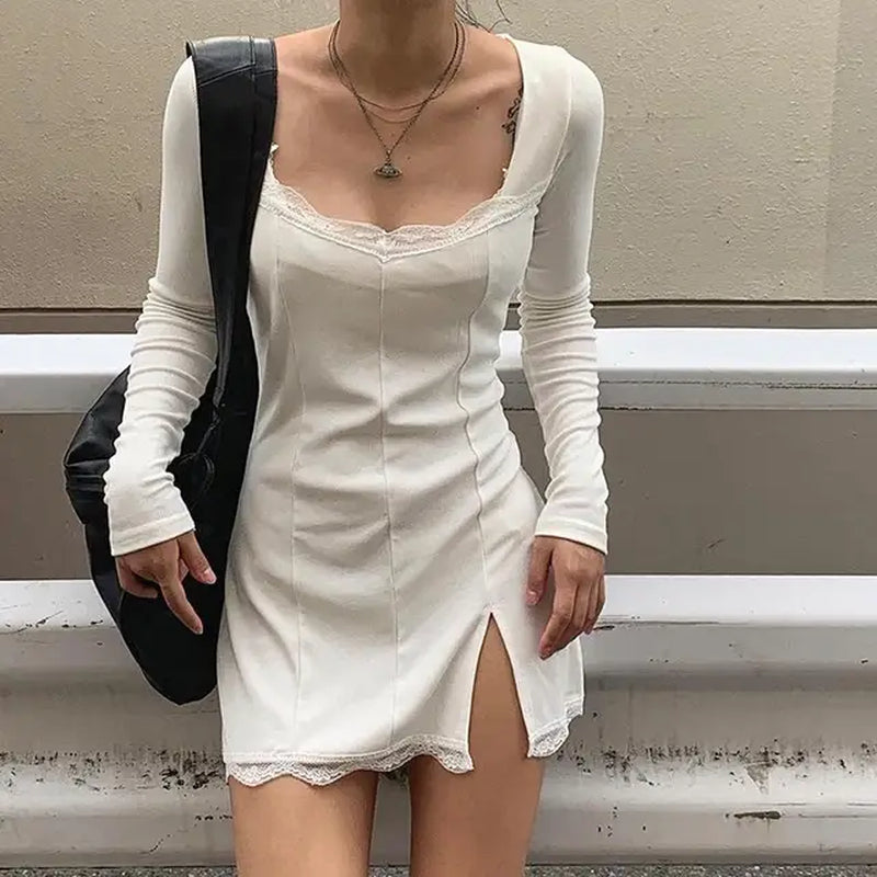Sexy Lace Patchwork Long Sleeve Split Dress for Parties
