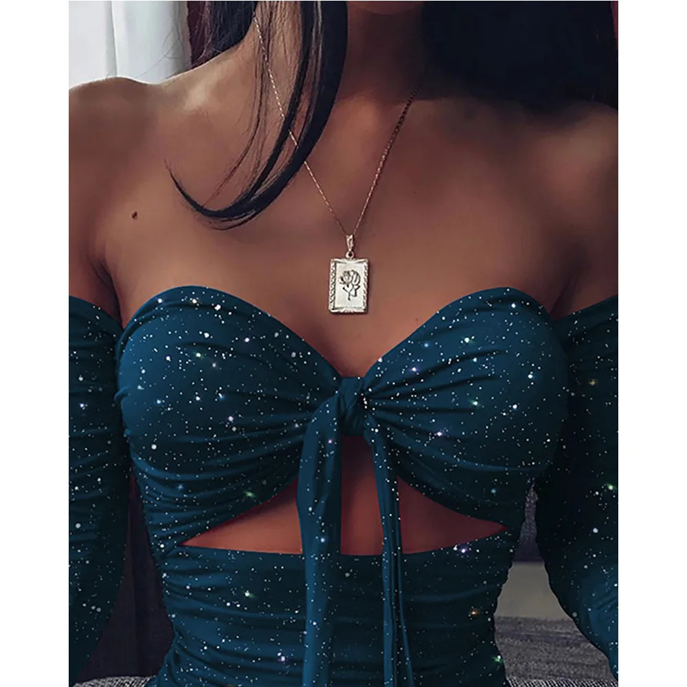 Strapless Hollow Out Long Sleeve Summer Party Dress - Image 7