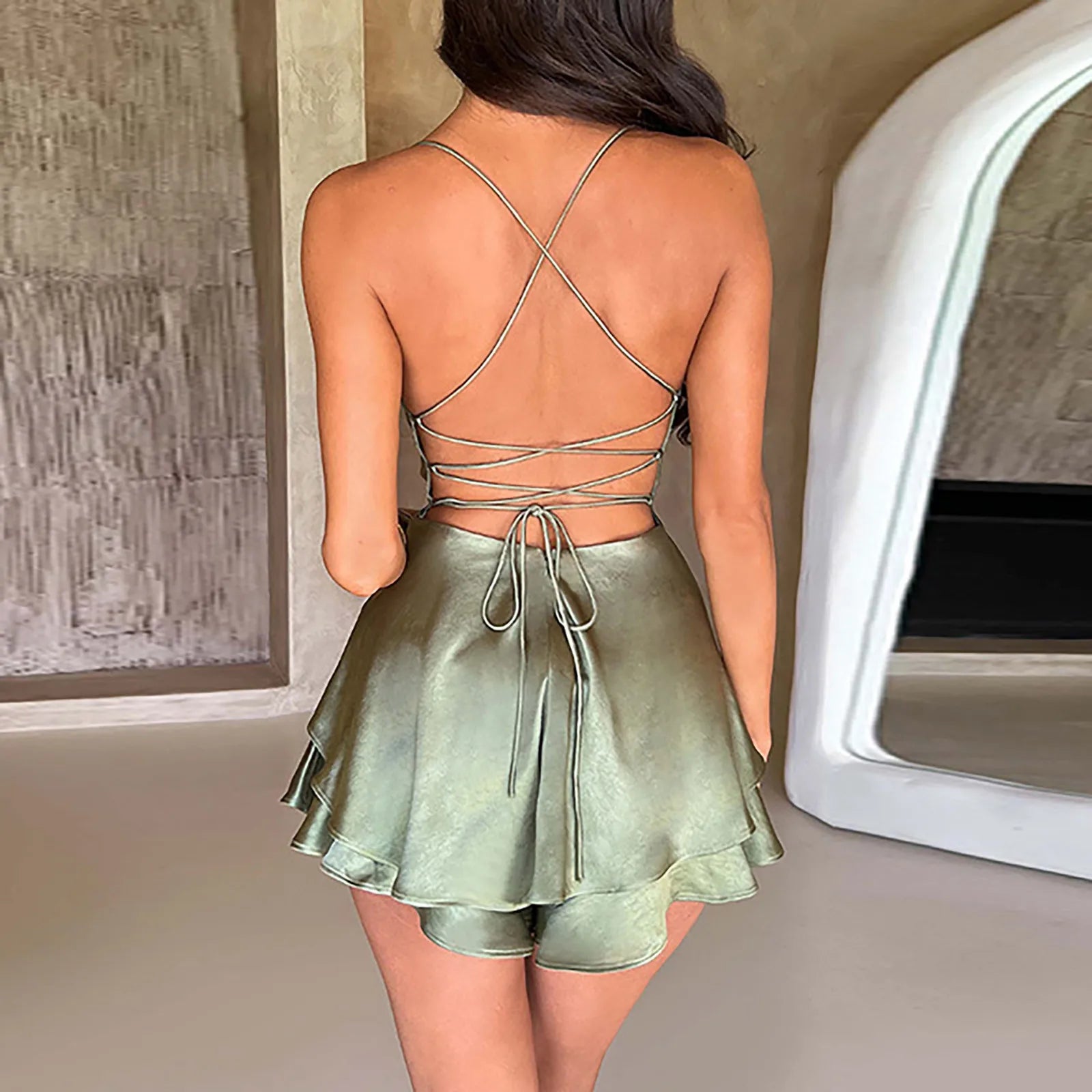 Elegant Women's Satin Halter Strap Mini Dress - Image 3