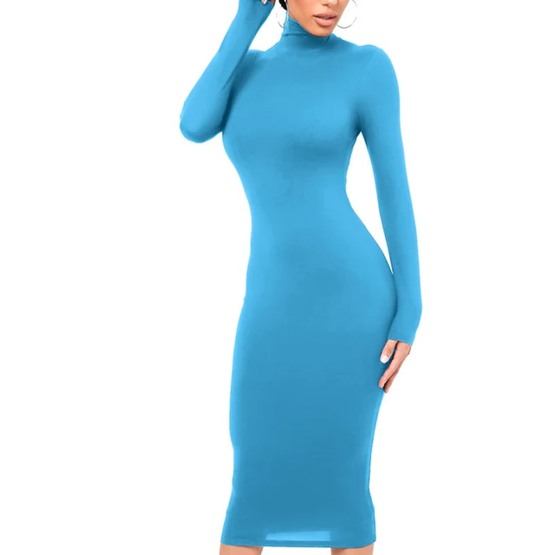 Elegant Long Sleeve Black Turtleneck Midi Dress for Women