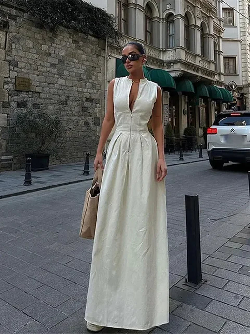 Chic Half Zipper Sleeveless Pleated High Waist Dress