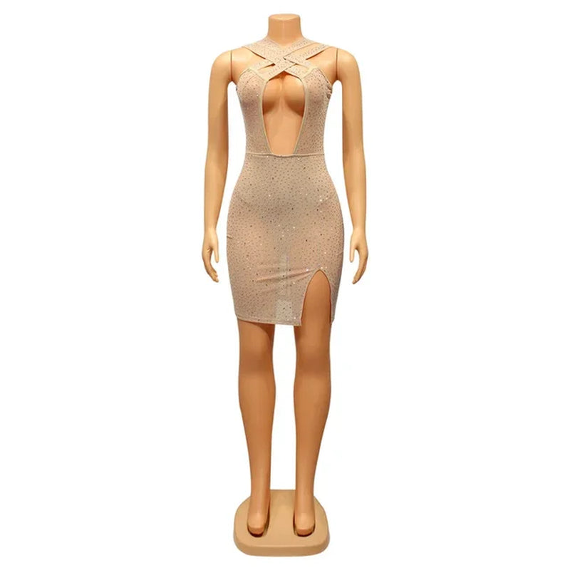 Elegant Sheer Mesh Rhinestone Criss-Cross Party Dress