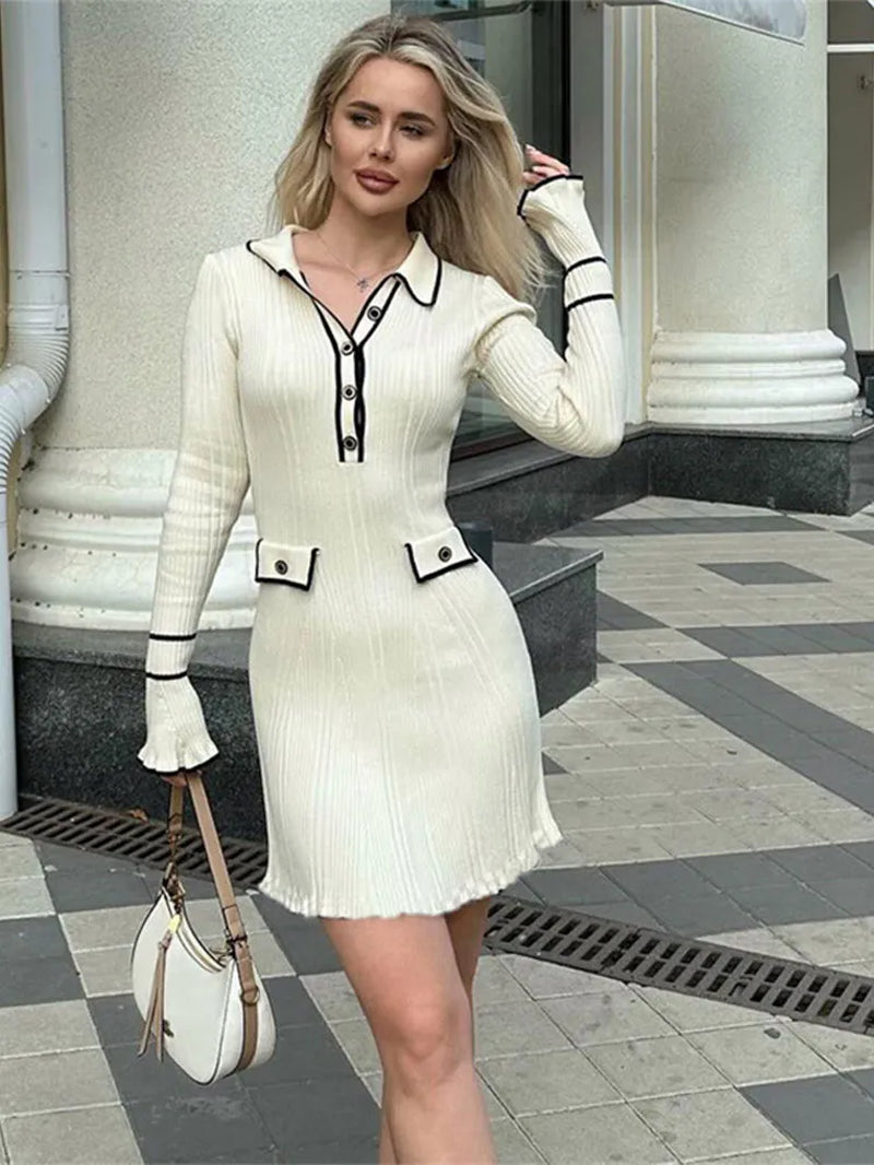Elegant Knitted Dress with Lapel Collar and Ruffled Hem - Image 4