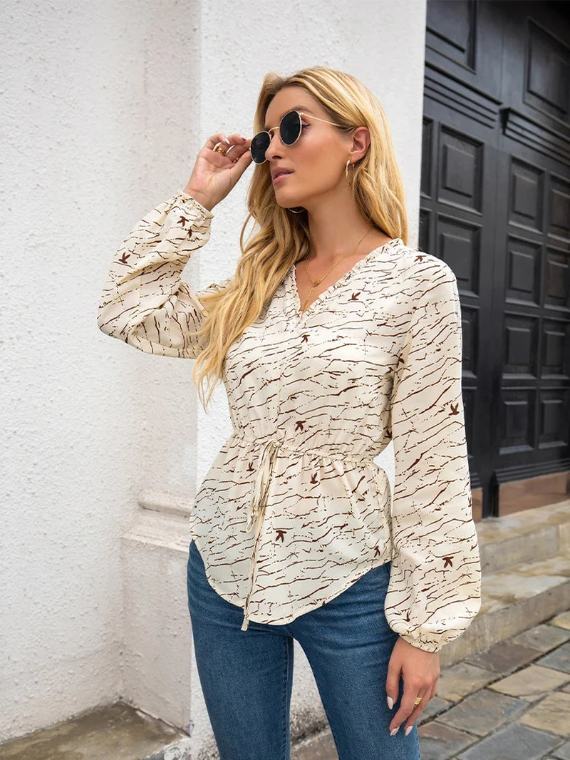 Women's V-Neck Lantern Sleeve Striped Tie Shirt - Image 5